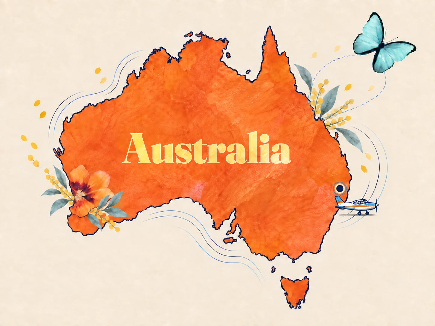 Mapa ilustrado de Australia con un marcador cerca de Sídney
